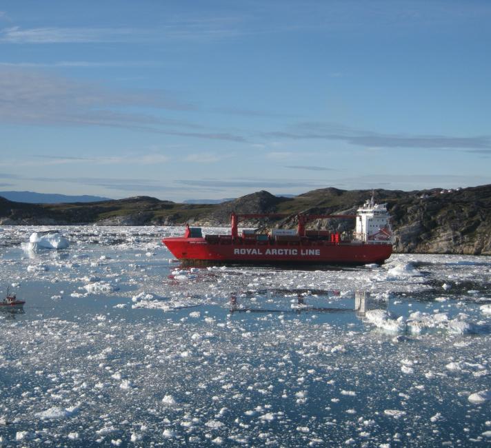 Cargo ship and icebergs