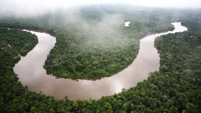 Aerial shot of a winding river, Amazon rainforest, Loreto region, Peru.