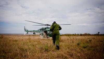 Vets boarding helicopter to go and dart rhinos