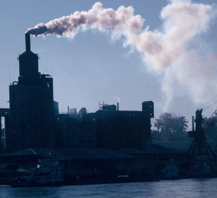 Heavy smoke from a polluting industry along the Amur River in Heihe city, China