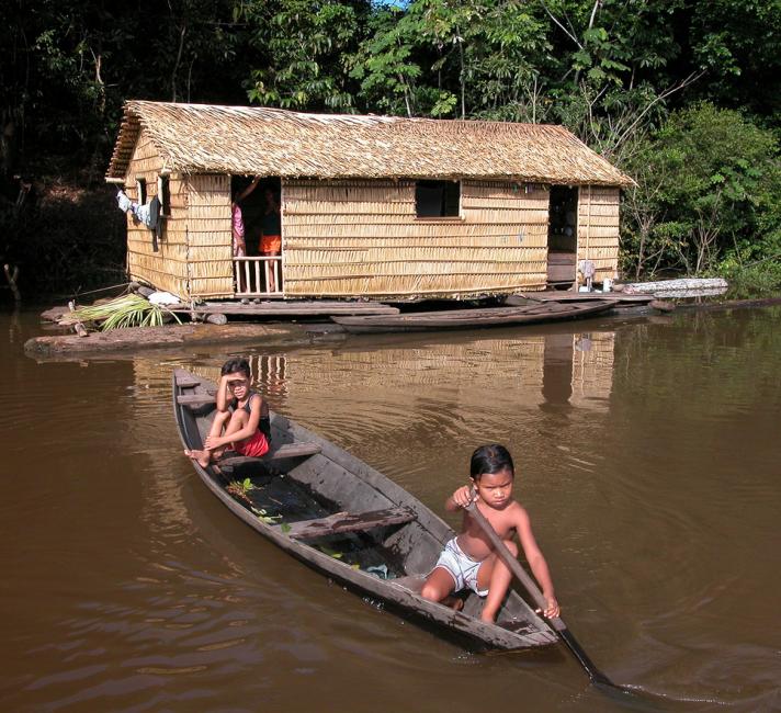 Children in a canoe beside their house made of Babassu straw (Orbygnia phalerata) in the Amazon Upland Rainforest