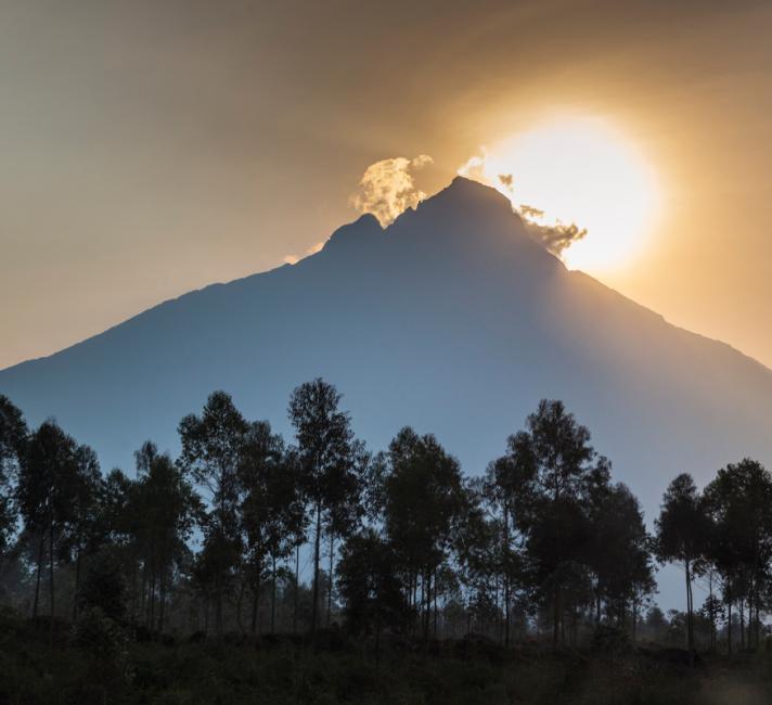 Sunrise behind Mount Mikeno, Virunga National Park, Democratic Republic of Congo (formerly Zaire), Africa