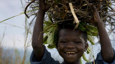 A smiling boy carrying firewood for sale