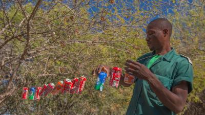 Humphrey Mwanga, a community game guard putting up a tin-can fence