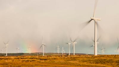 A rainbow over Whitlee wind farm