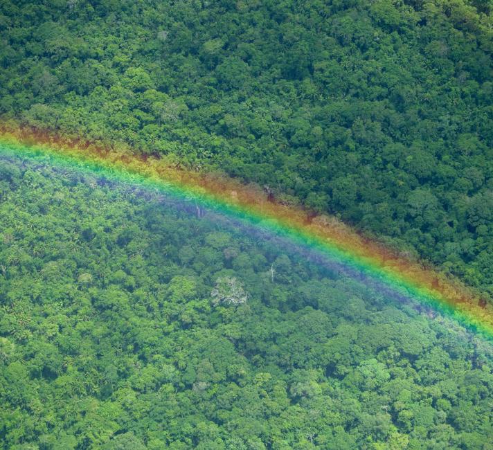Aerial view of landscape with rainbow seen during a flight from Trinidad to Bellavista, Beni Department of Bolivia.