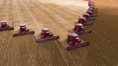 Mass soybean harvesting at a farm in Campo Verde, Brazil.