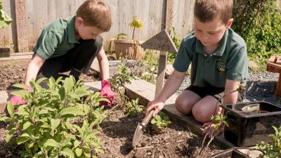 Primary students in school garden planting