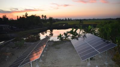 An image of solar panels at sunset