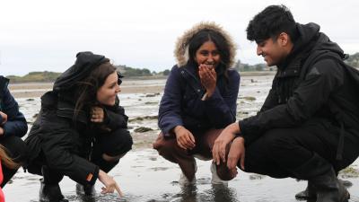 Three young people smiling and laughing whilst studying seagrass on a beach in Scotland.
