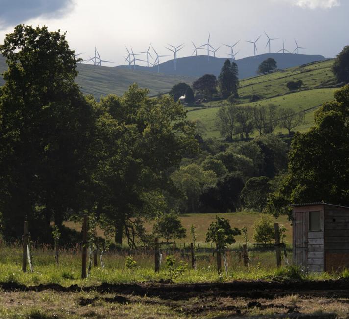 Views from Little Trochry Farm in Dunkeld, Perthshire, Scotland. In the background is views of hills and wind turbines.
