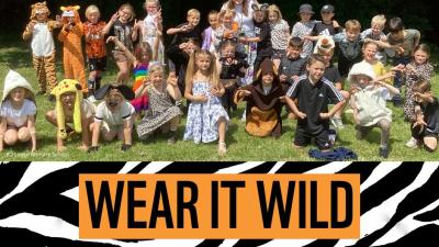 A group of school children and their teacher, dressed in animal fancy dress, in their school field. 