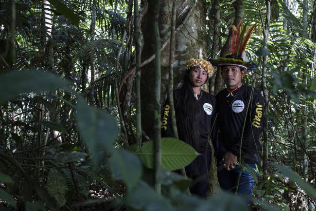 Awapy Uru Eu Wau Wau and his wife Juwi Uru Eu Wau Wau are photographed at Kanindé Ethno-Environmental Defense Association in the surroundings of Porto Velho, Rondônia State, Brazil.
