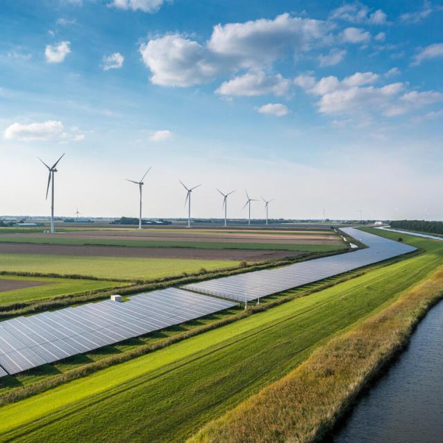 Solar panels and wind turbines generating renewable energy for green and sustainable future. Netherlands