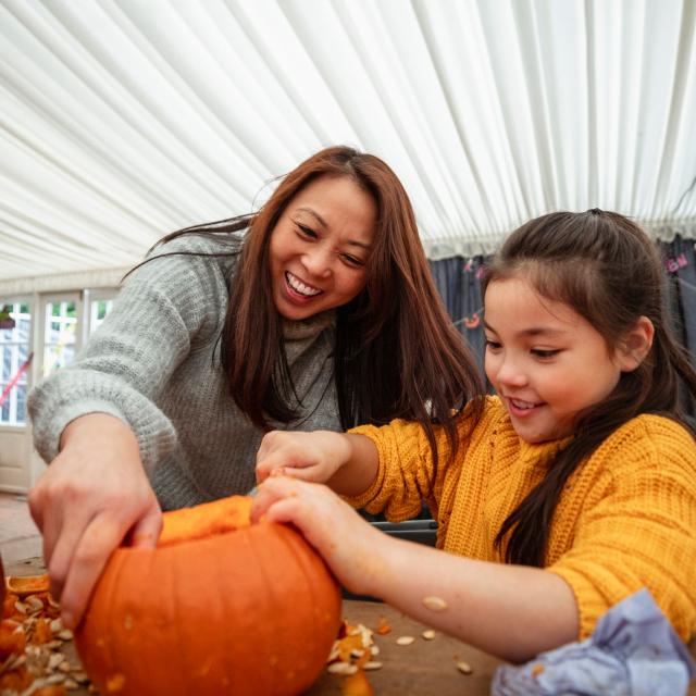 Mother and daughter carving pumpkins at a farm after picking them in preparation for Halloween.