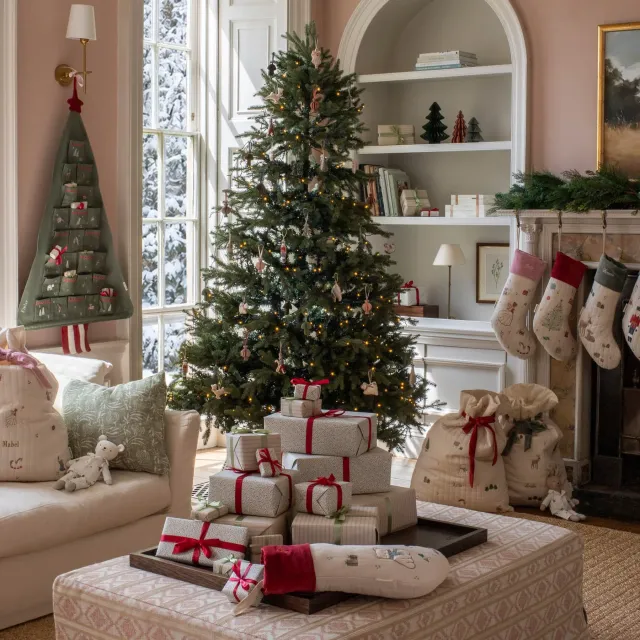 A living room decorated for Christmas