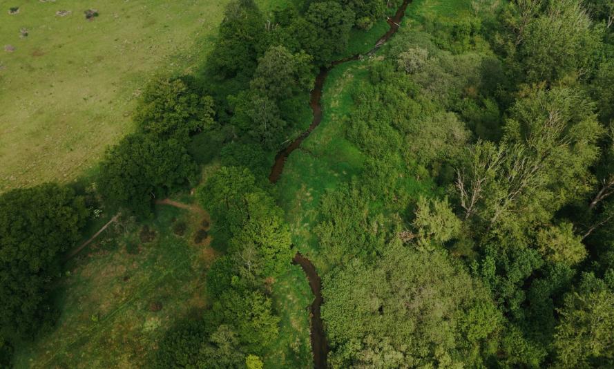 Aerial shot of river Nar. Nr Castle Acre, North Norfolk, UK.
