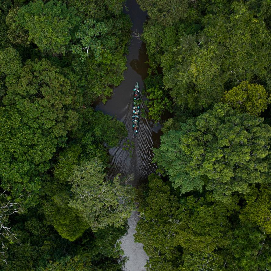 Aerial shot of boat travelling through del Nare Lagoon, located in Guaviare, Colombia.