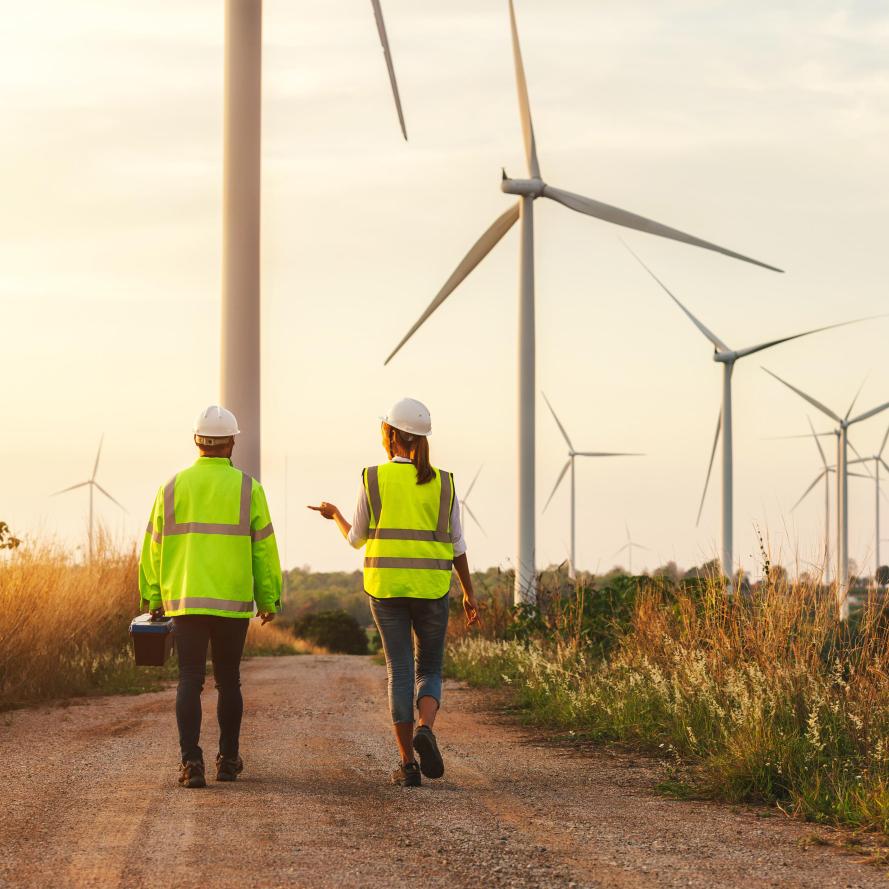 Back view of young maintenance engineers team working in wind turbine farm at sunset