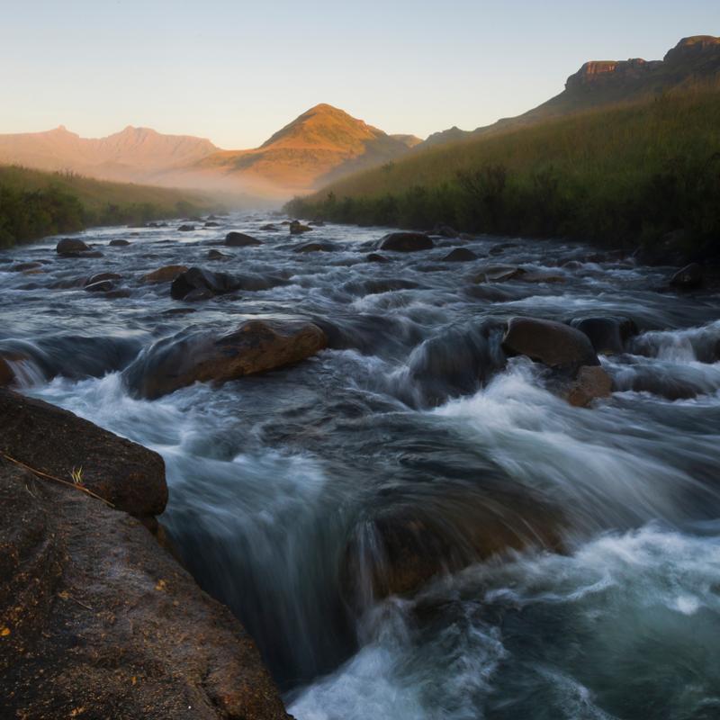 The Pholela River flows over a small rapid at dawn within the uKuhlamba World Heritage site and location of the Deakensberg Mountain catchment.
