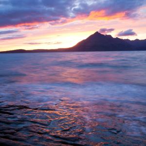 The Cuillin Ridge on the Isle of Skye, Scotland, UK, from Elgol, at sunset.