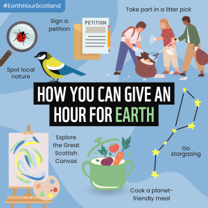 Alt text: Text in the centre of the graphic reads, 'How you can give an hour for earth' Surrounding the text are six illustrations for six activities. A group of people are taking part in a litter pick. Text reads ‘Take part in a litter pick’. A star constellation. Text reads ‘Go stargazing’. A large green pan with a carrot, beetroot and tomato. Text reads ‘Cook a planet-friendly meal’. An easel with green, blue and yellow artwork. Text reads ‘Explore the Great Scottish Canvas’. A blue tit, magnifying glass