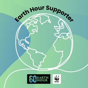 Text reads 'Earth Hour Supporter'. A white hand drawn planet earth sits on top of a curvy blue and green background