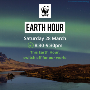 The Northern Lights lighting up the sky in shades of blue and green, above the Isle of Skye, Scotland. Overlapping text reads, 'Earth Hour. Saturday 28 March. 8:30-9:30pm. This Earth Hour, switch off for our world.'