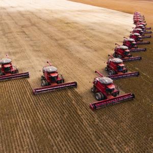 Mass soybean harvesting at a farm in Campo Verde, Brazil.