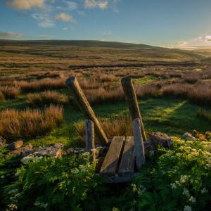 Public footpath sign to Blea Moor, outside of Wild Ingleborough site. Ingleborough, Yorkshire, UK 