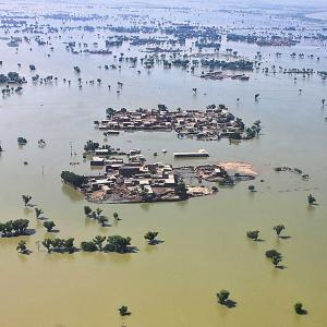 This aerial photograph taken on September 1, 2022 shows a flooded residential area after heavy monsoon rains in Dadu district of Sindh province