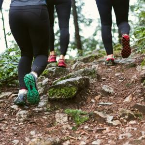 group of athletic women in running shoes climbing a trail in the forest