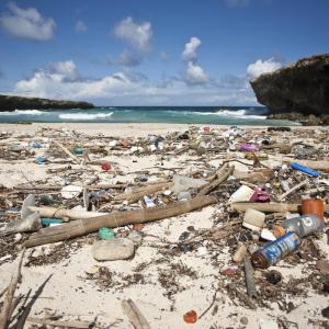 Plastic garbage litters a beach on the Caribbean Sea in Boca Prins, Aruba
