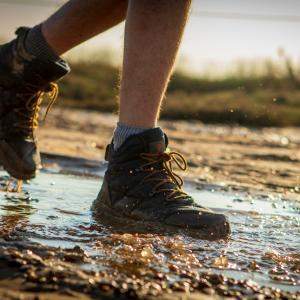 Member of the public walking on marsh. Stiffkey Marshes, Stiffkey, North Norfolk, UK.